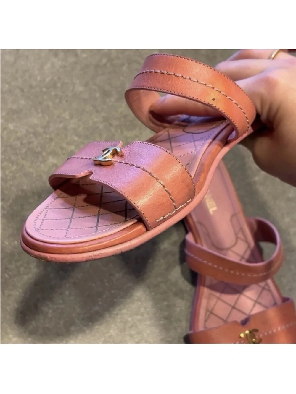 Chanel 38.5 cc logo baby pink quilted leather flat sandals strappy